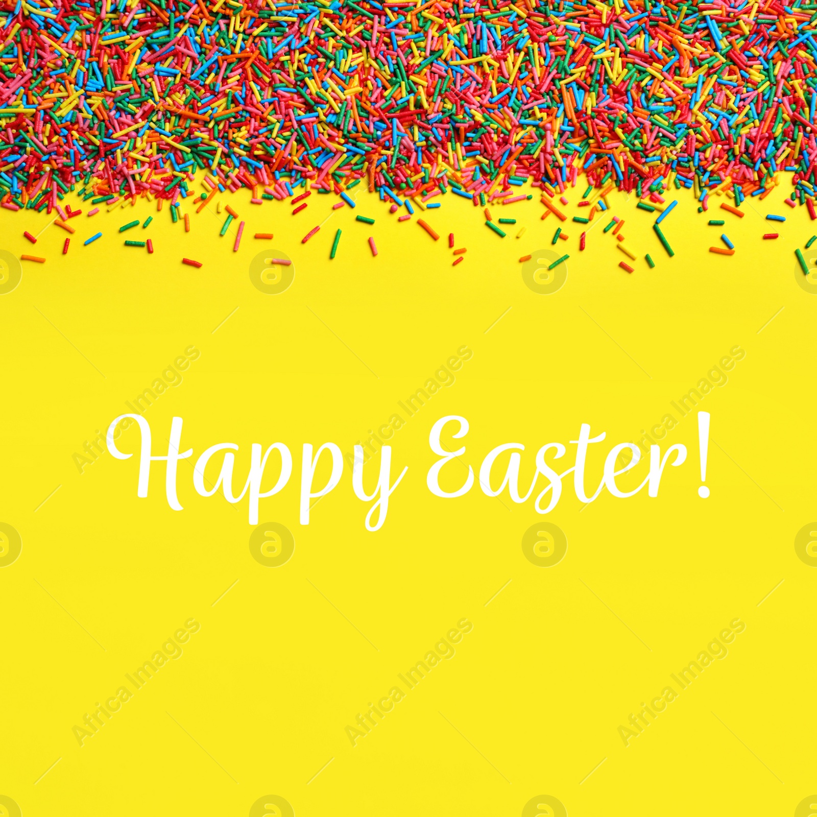 Image of Text Happy Easter and bright colorful sprinkles on yellow background, flat lay. Confectionery decor