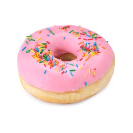 Tasty glazed donut decorated with sprinkles on white background