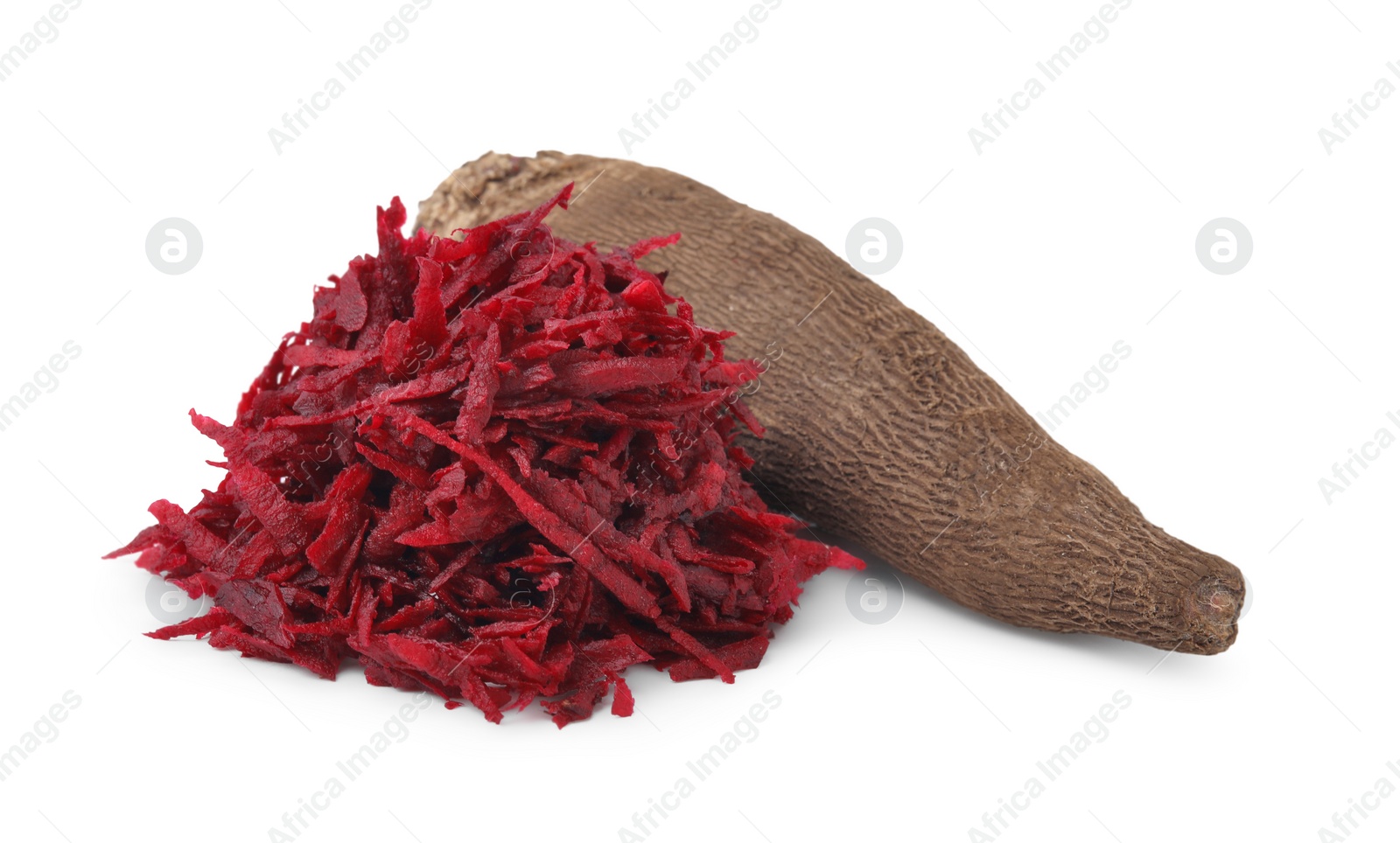 Photo of Whole and grated red beets isolated on white