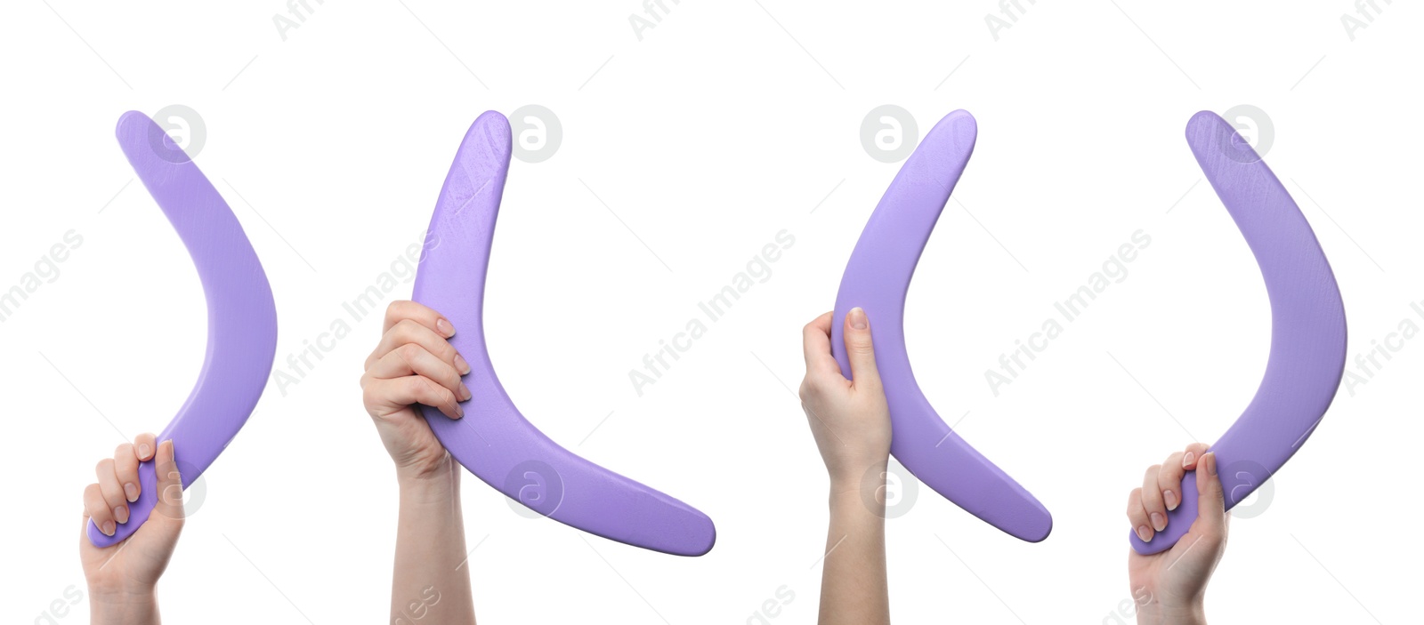 Image of Collage with photos of women holding violet boomerangs on white background, closeup. Banner design