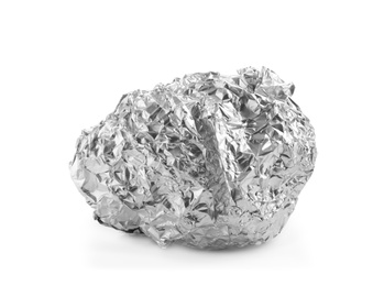 Photo of Crumpled ball of silver foil isolated on white