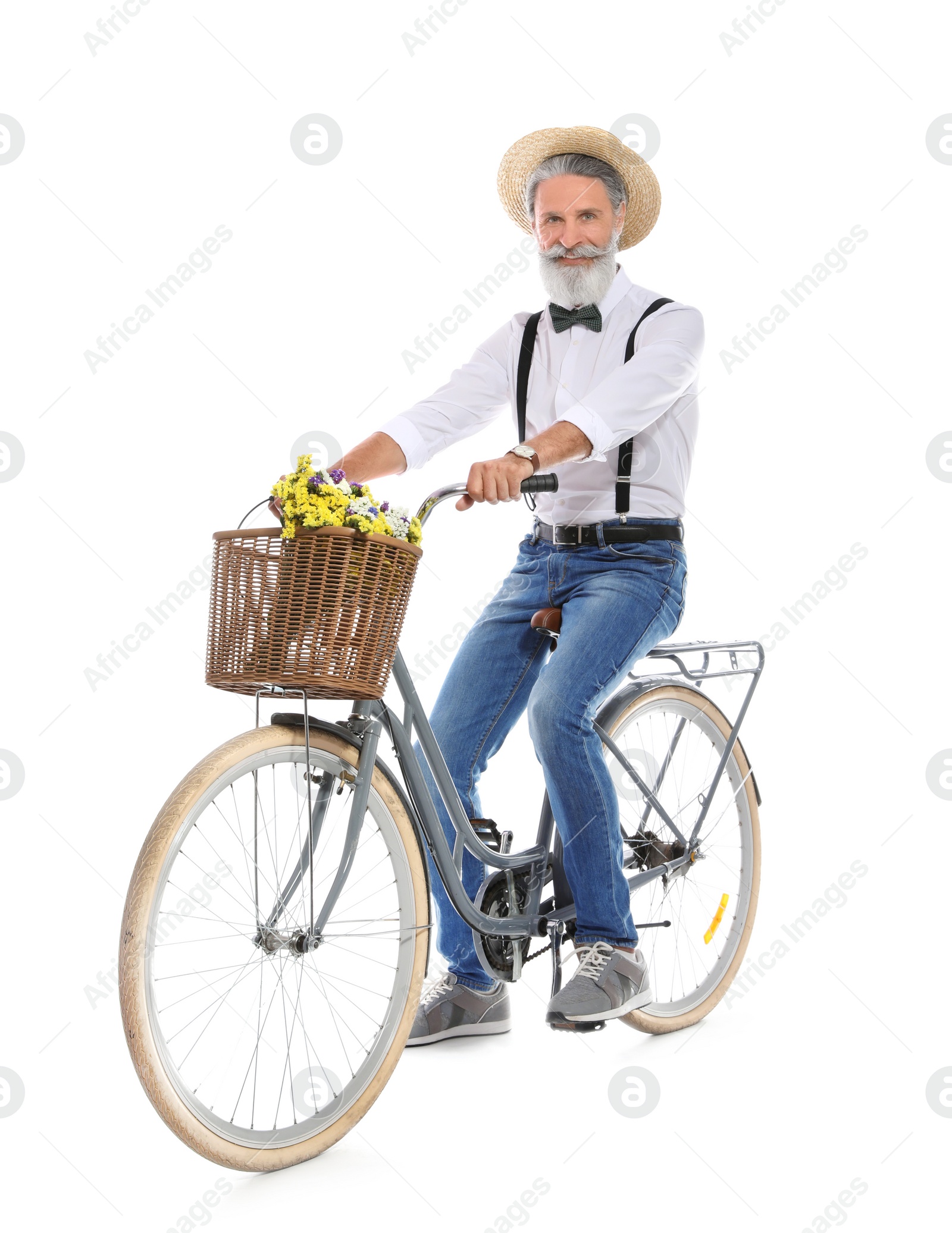 Photo of Portrait of handsome mature man with bicycle on white background
