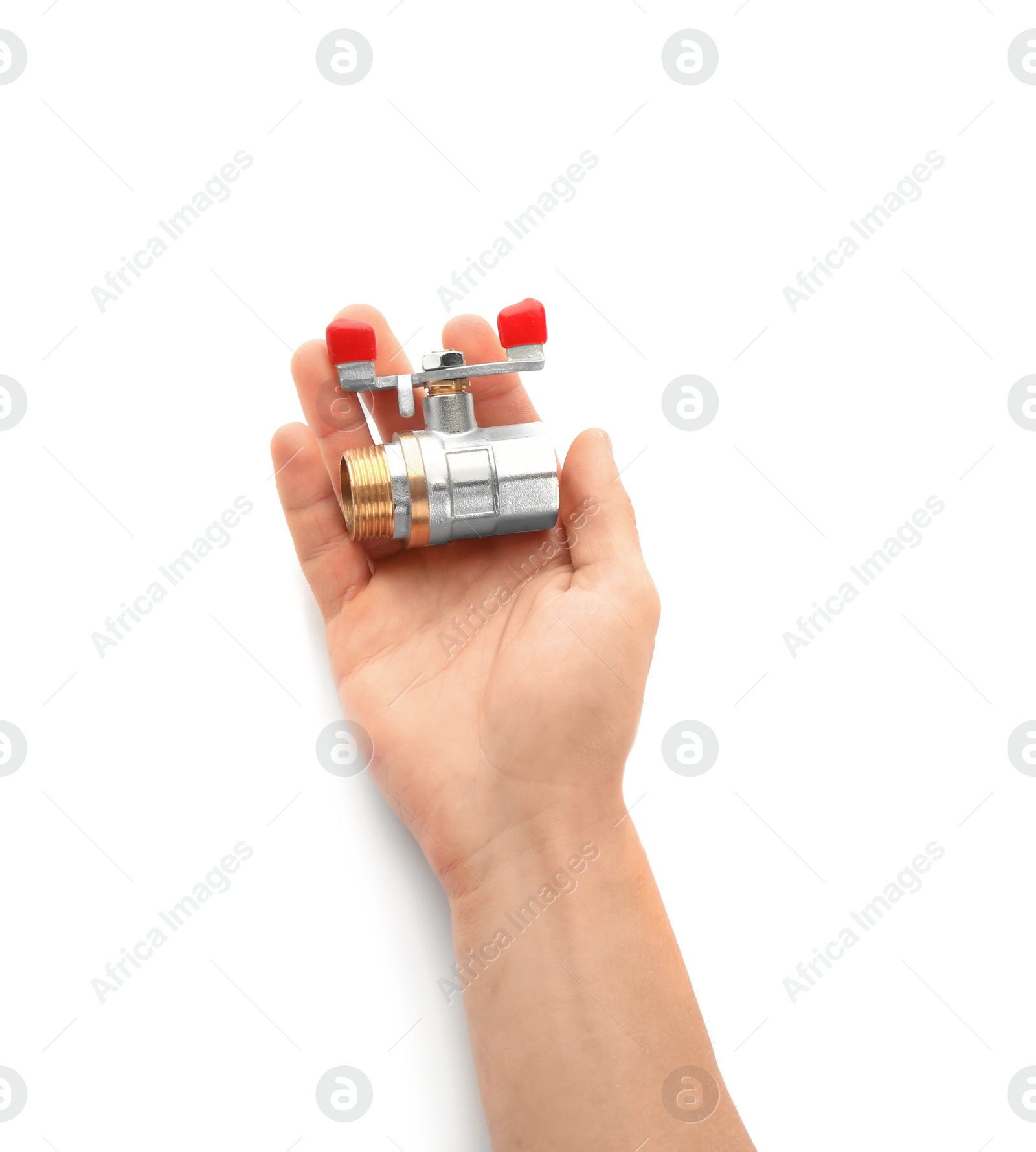 Photo of Plumber holding flow control valve on white background, closeup
