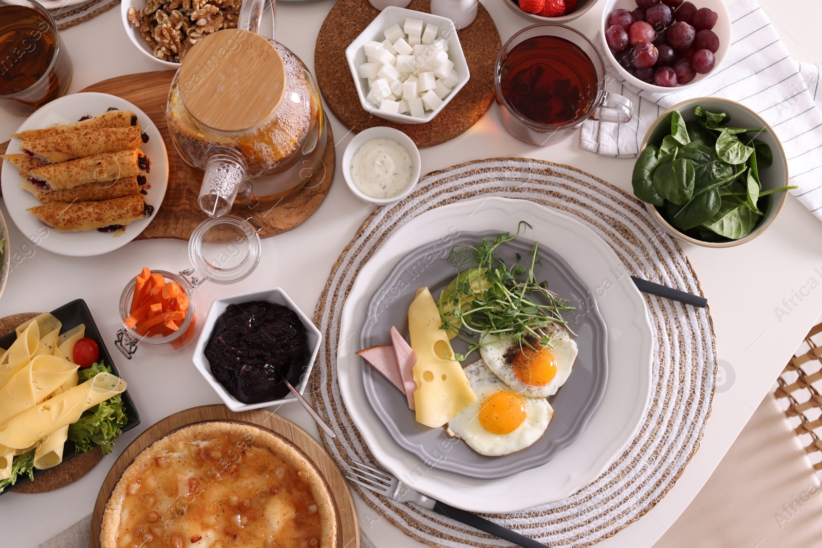 Photo of Many different dishes served on buffet table for brunch, flat lay