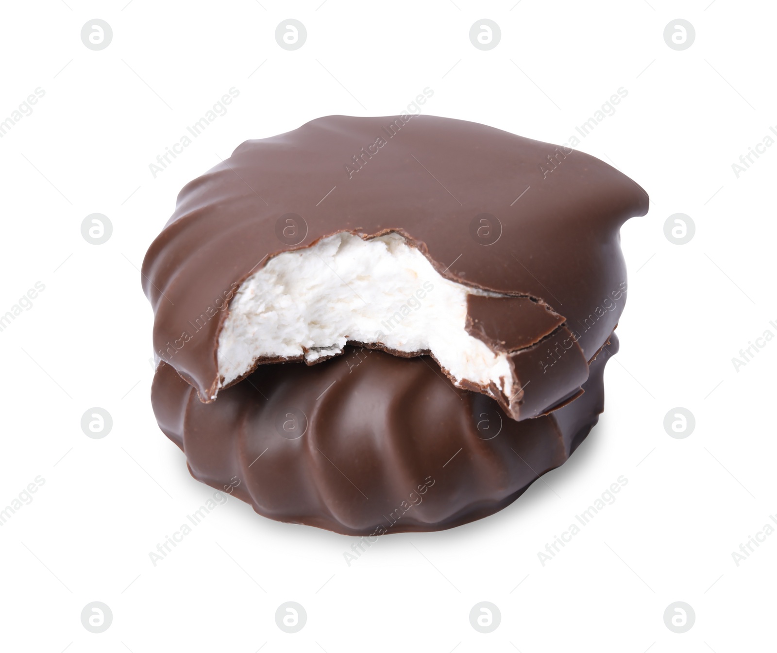 Photo of Delicious chocolate covered marshmallows isolated on white