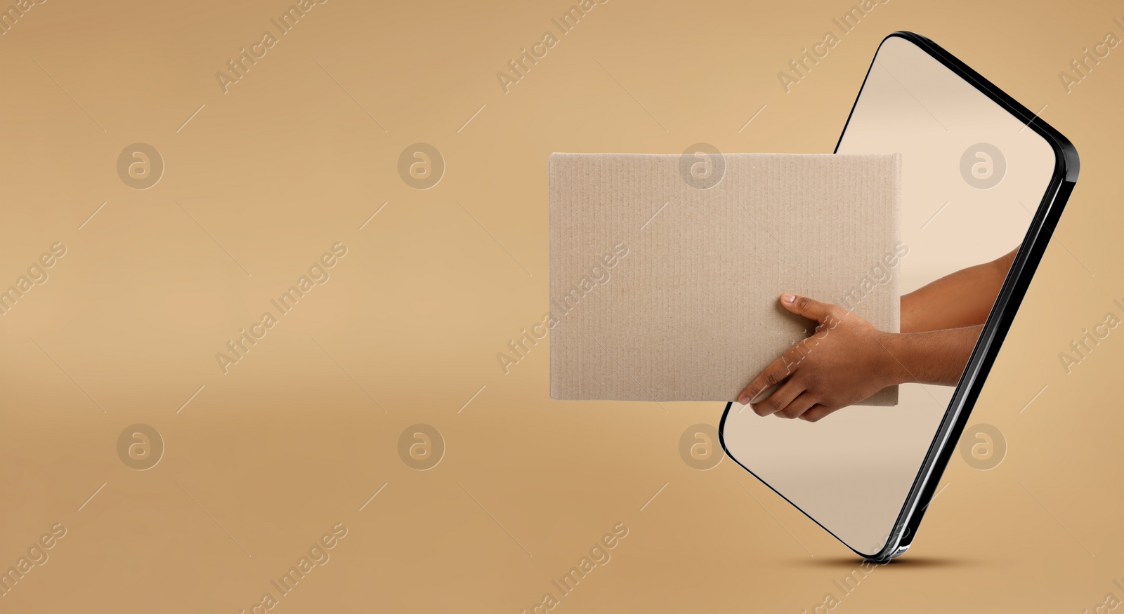 Image of Courier passing parcel through smartphone on dark beige background. Delivery service. Banner design with space for text
