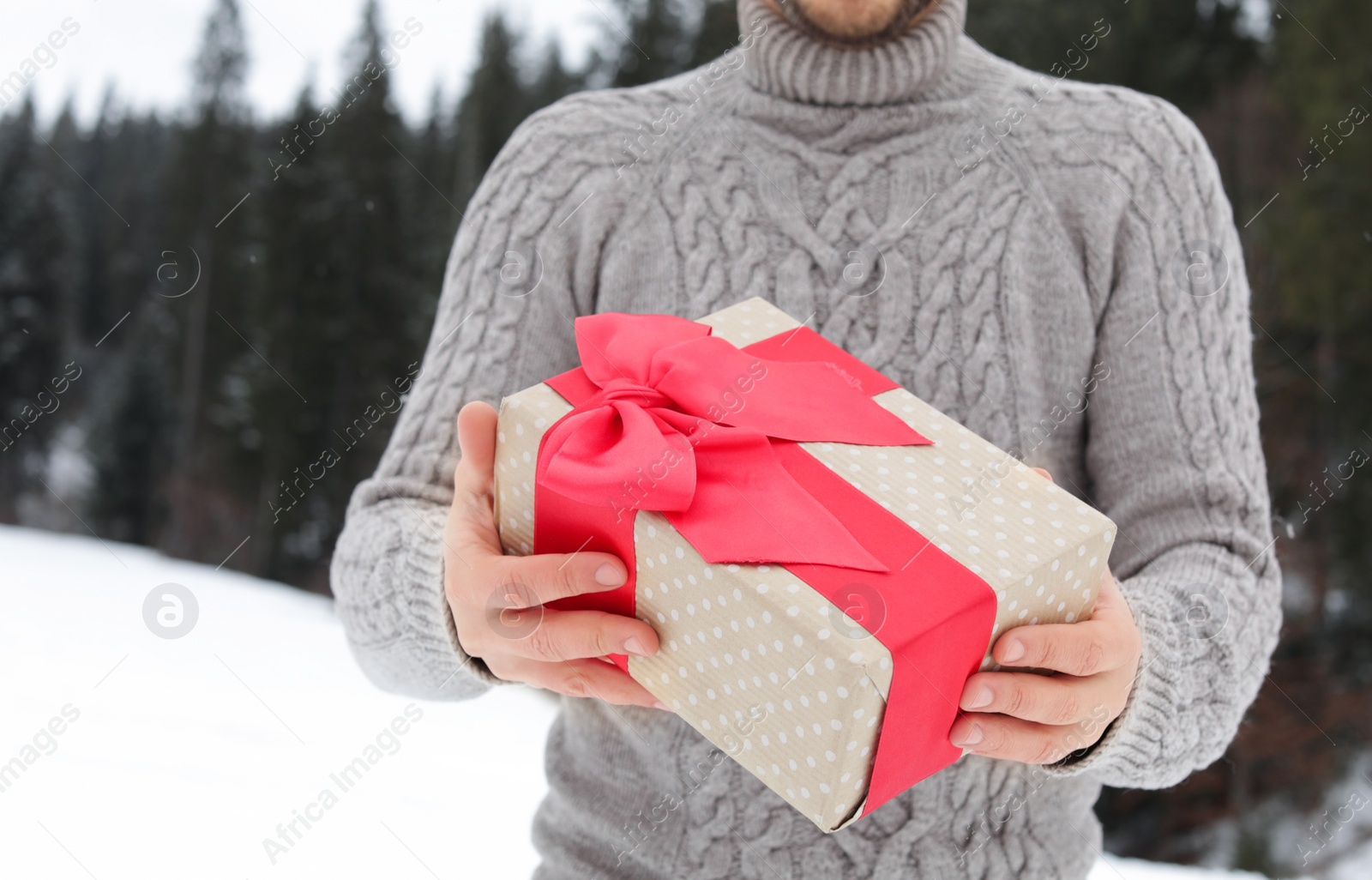 Photo of Man holding Christmas gift near snowy forest