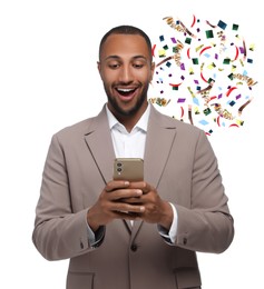 Discount offer. Happy businessman holding smartphone on white background. Confetti and streamers near him