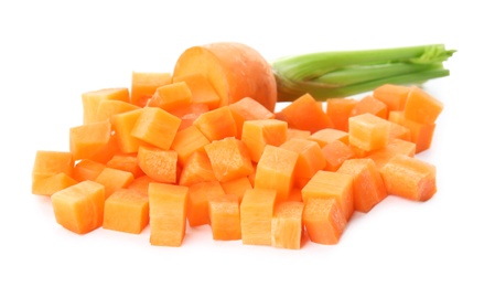 Photo of Ripe chopped carrot on white background