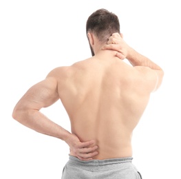 Photo of Young man suffering from back pain on white background