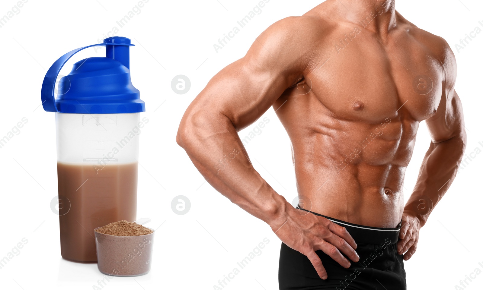 Image of Bodybuilding. Man with muscular torso, protein powder and shaker isolated on white