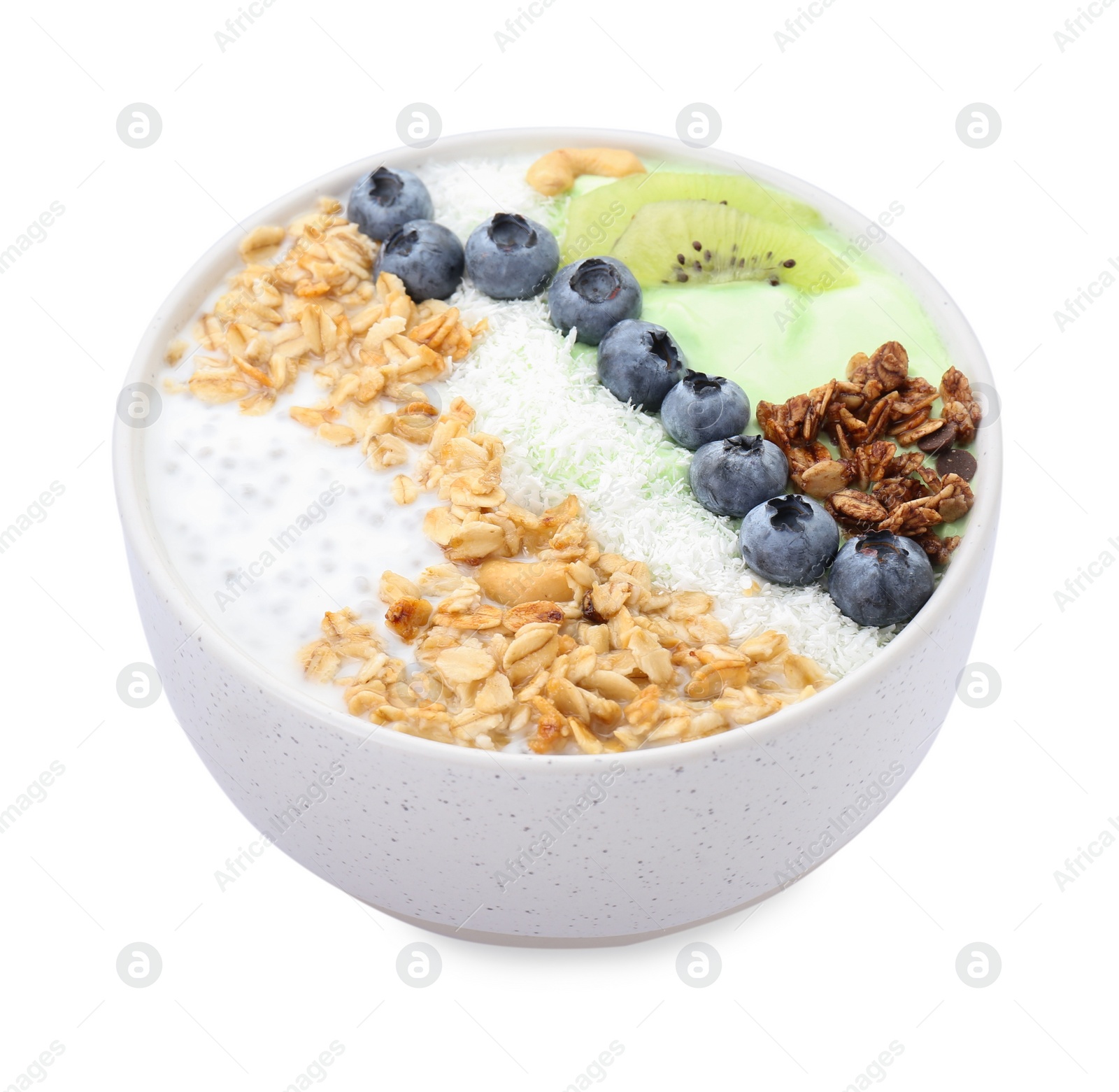 Photo of Tasty smoothie bowl with fresh kiwi fruit, blueberries and oatmeal isolated on white