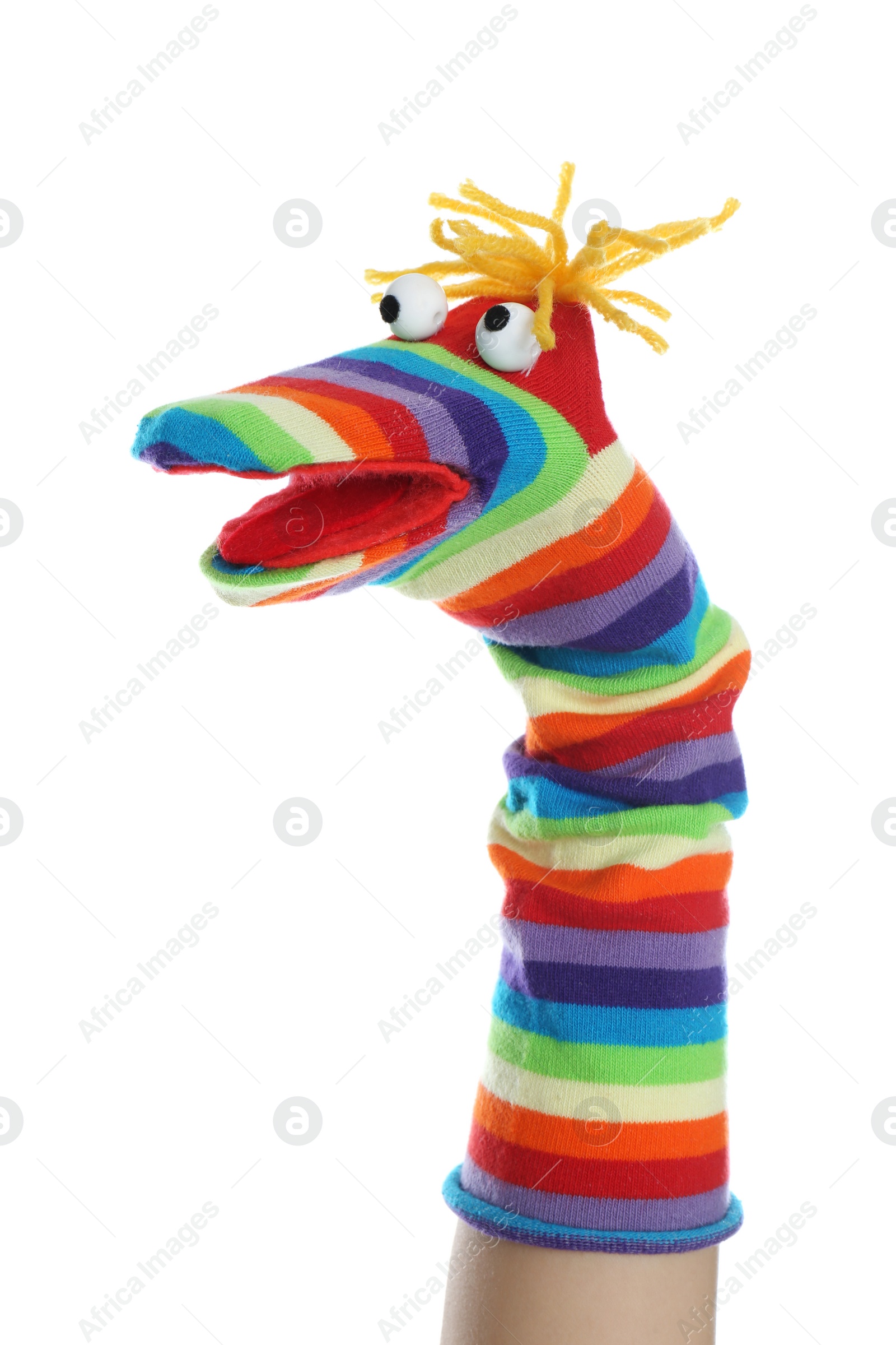 Photo of Funny sock puppet for show on hand against white background