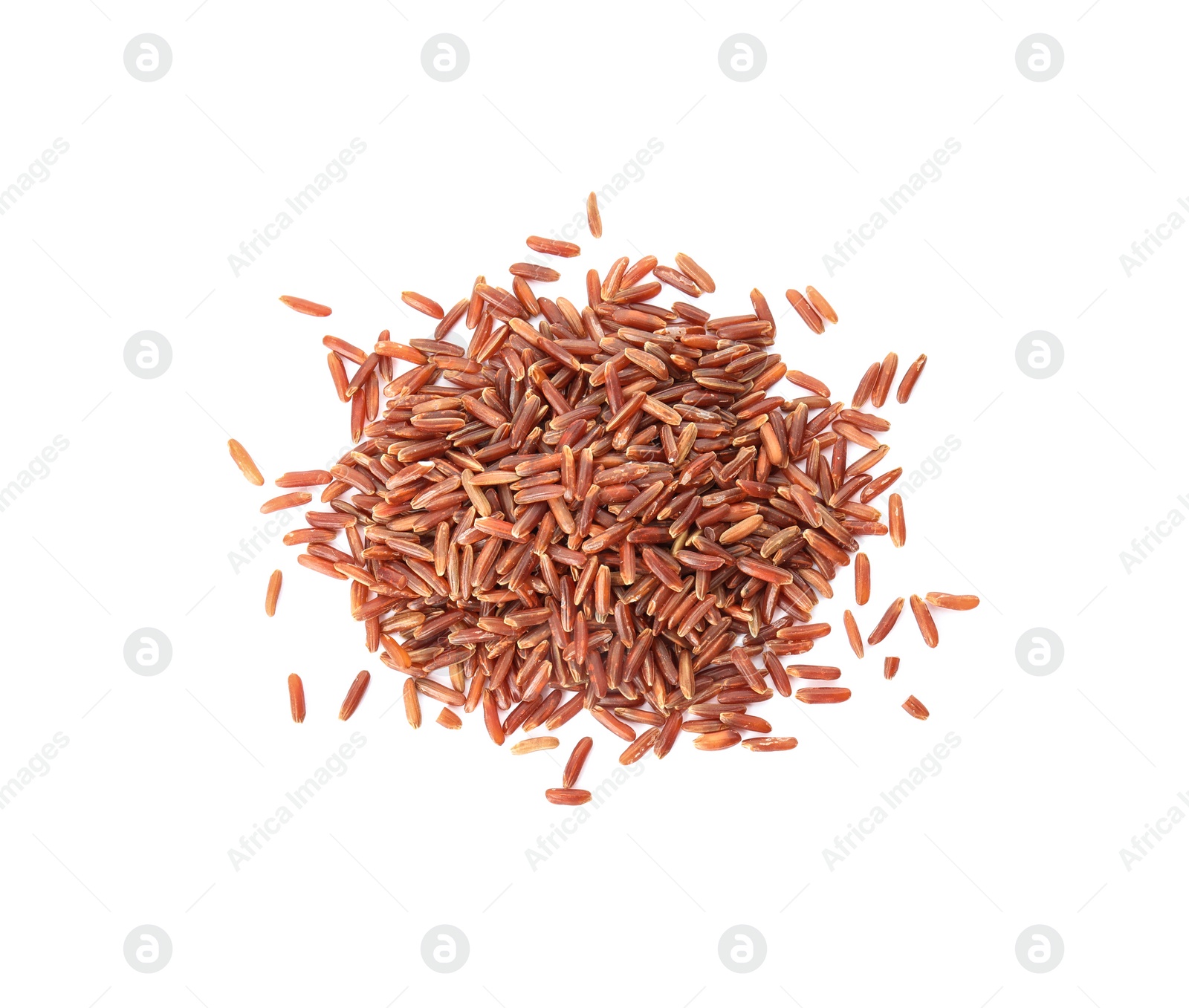 Photo of Pile of uncooked red rice on white background, top view