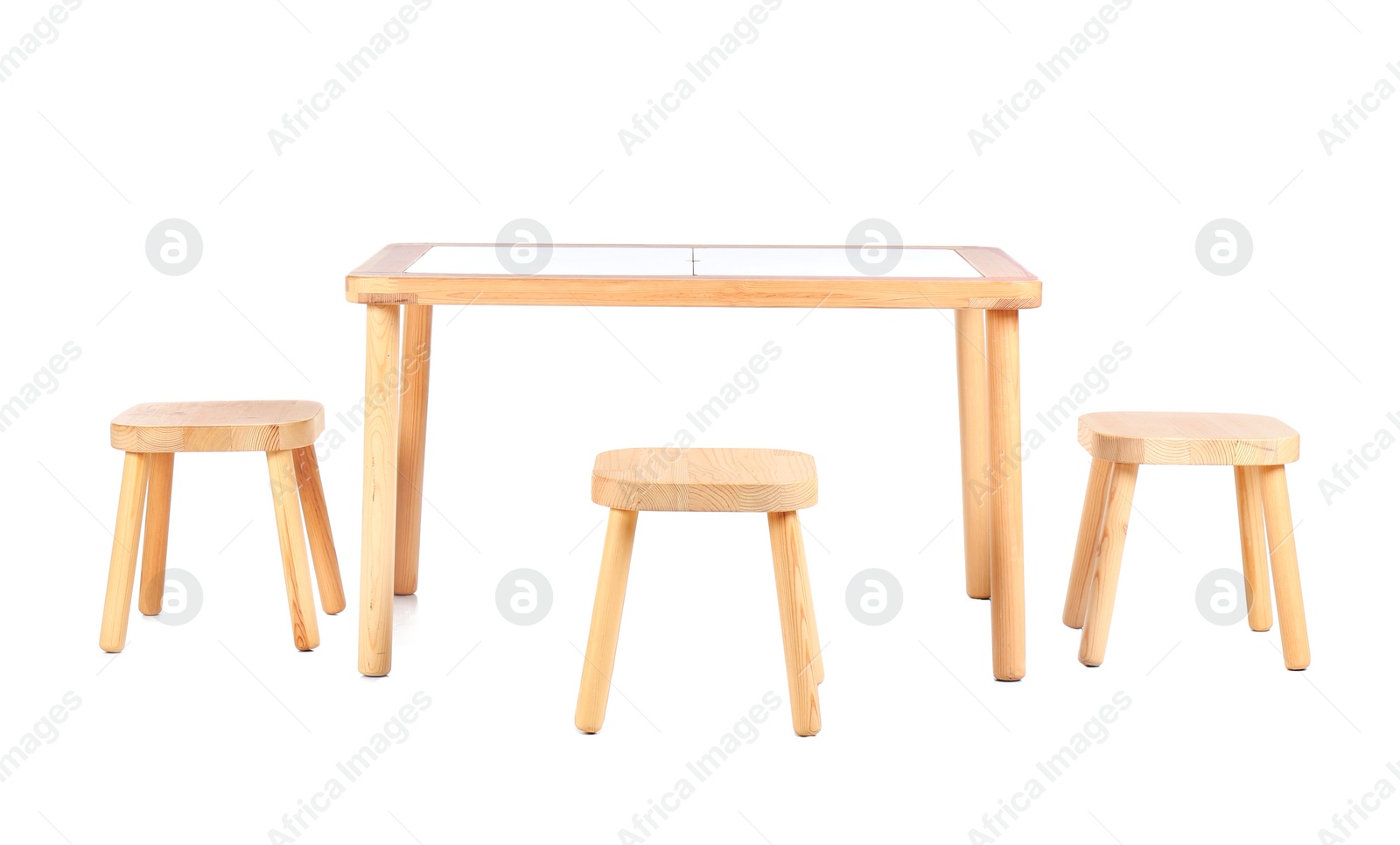 Photo of Small table and chairs for little kids on white background