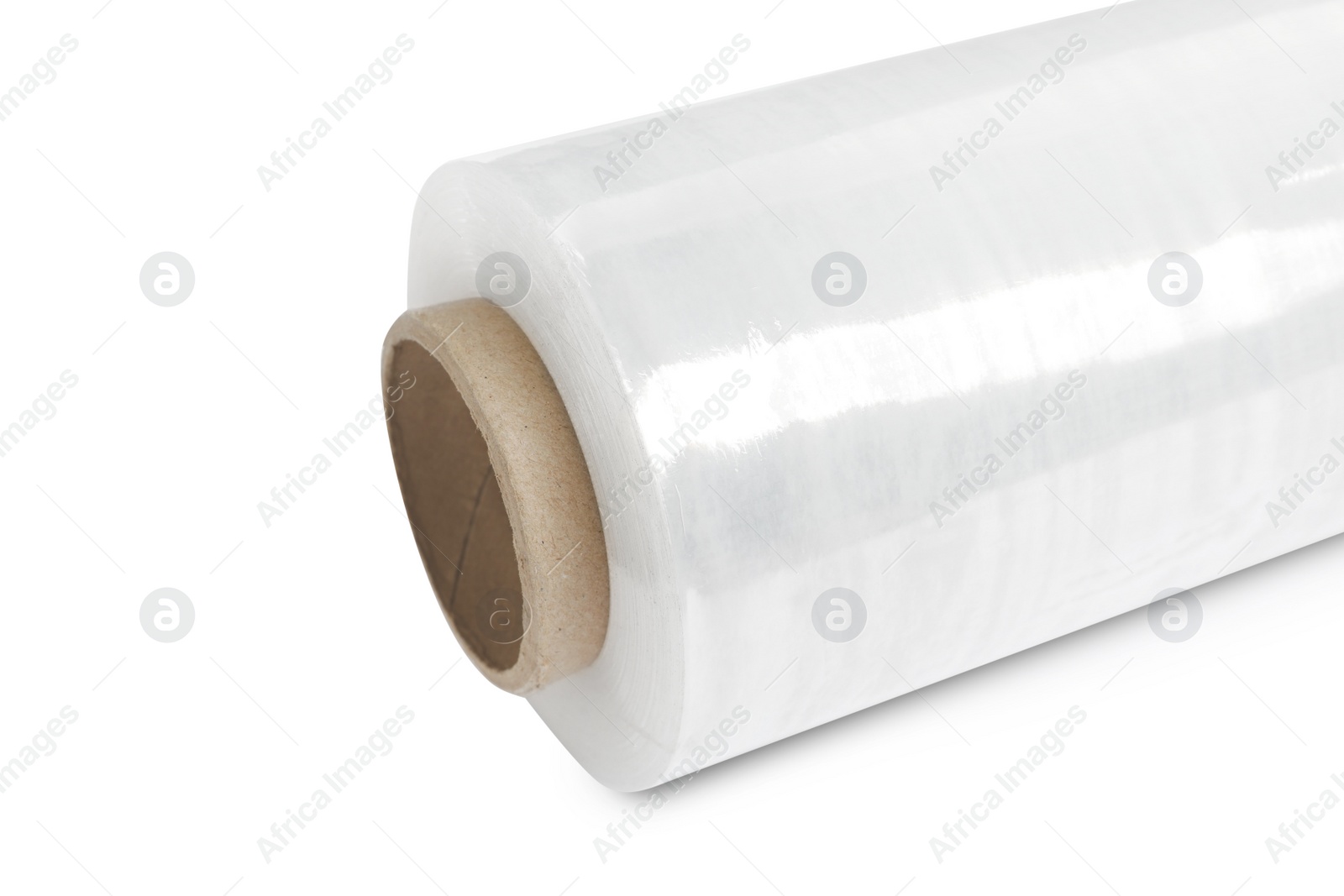 Photo of Roll of plastic stretch wrap film isolated on white, closeup