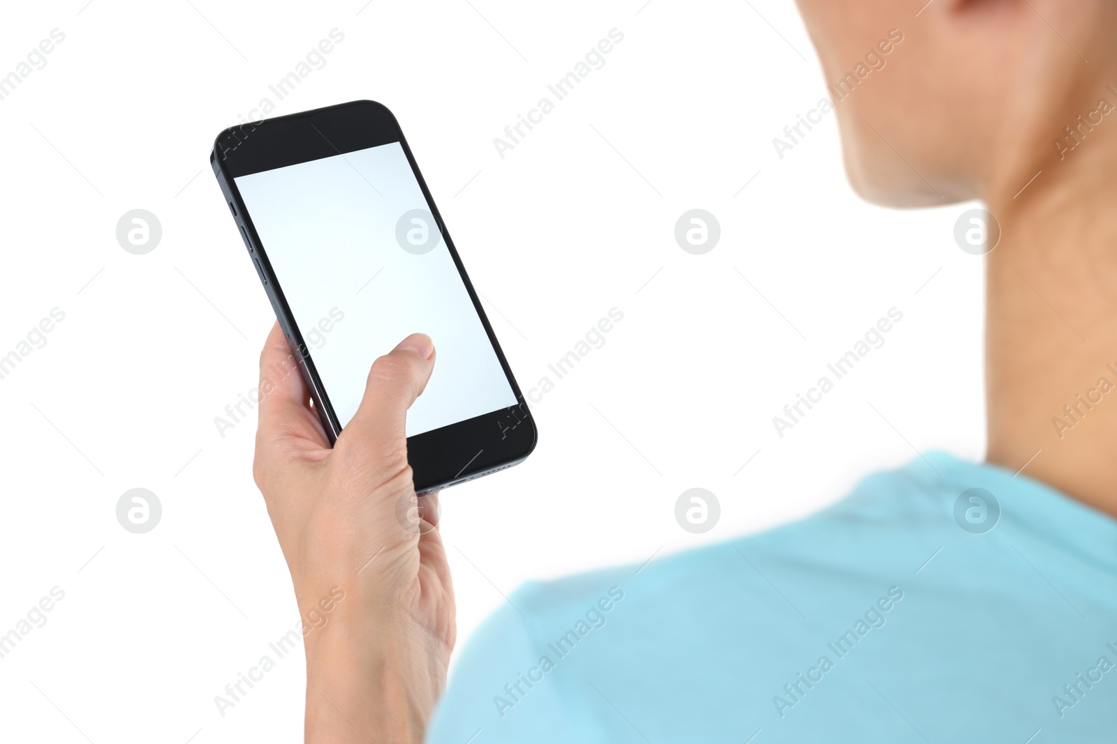 Photo of Woman using smartphone with blank screen on white background, closeup. Mockup for design