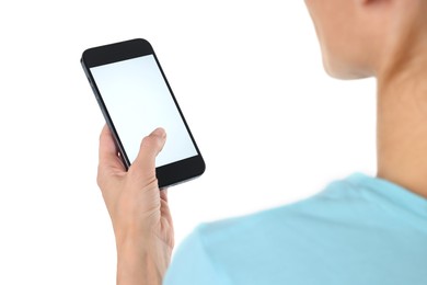 Woman using smartphone with blank screen on white background, closeup. Mockup for design