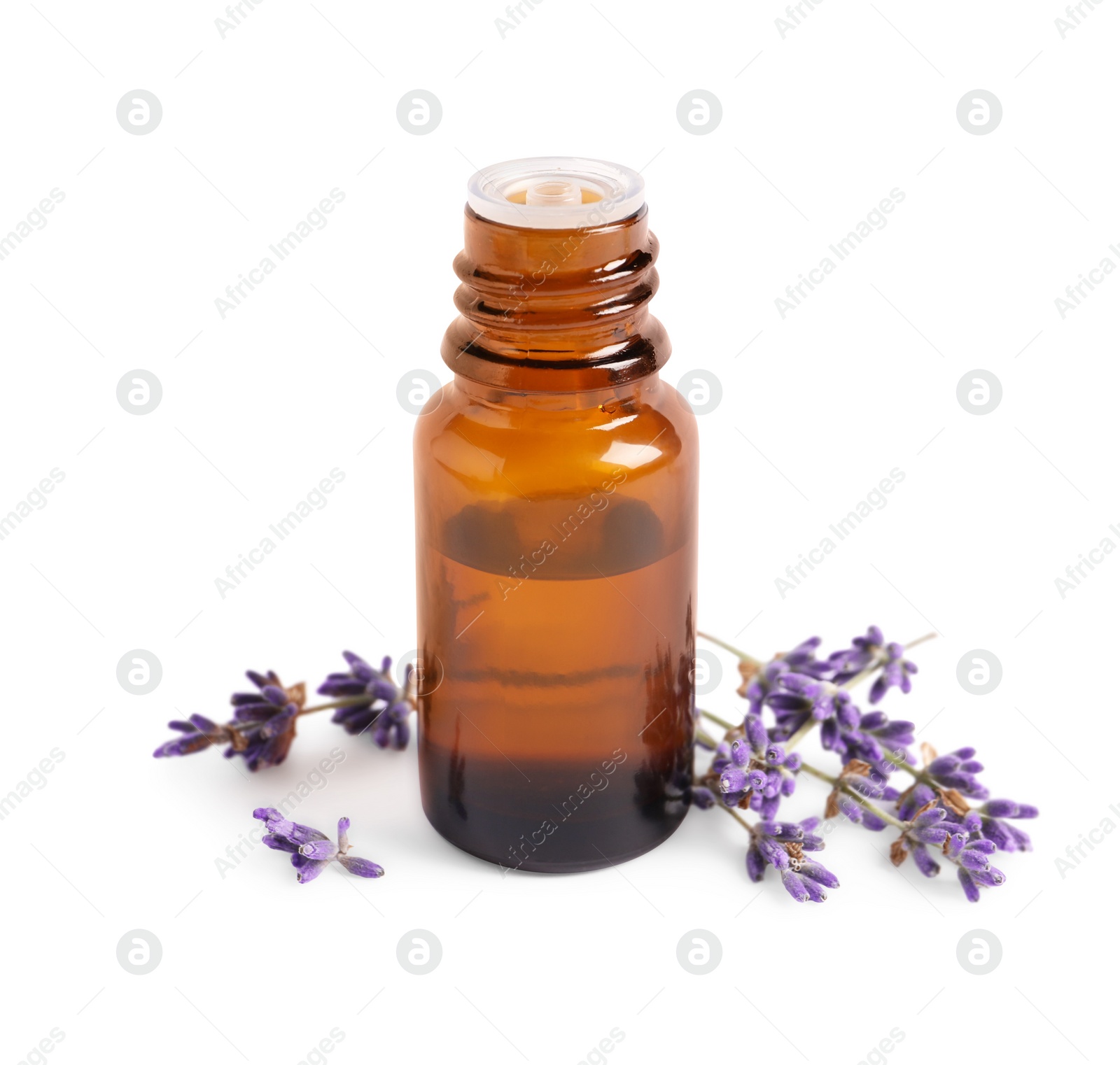 Photo of Bottle of essential oil and lavender flowers on white background