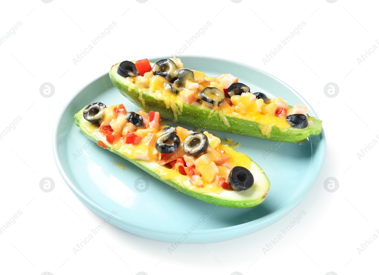 Photo of Plate of delicious stuffed zucchini on white background