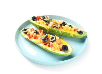 Photo of Plate of delicious stuffed zucchini on white background