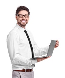 Photo of Happy man with laptop on white background