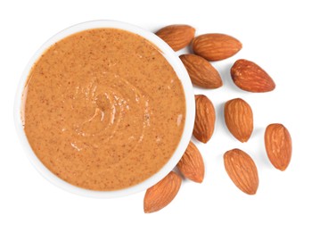 Photo of Delicious nut butter and almonds isolated on white, top view