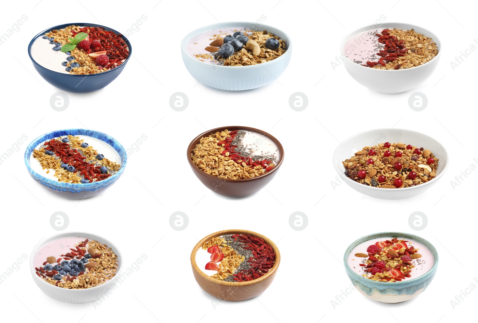 Image of Set of different granola breakfasts with berries on white background