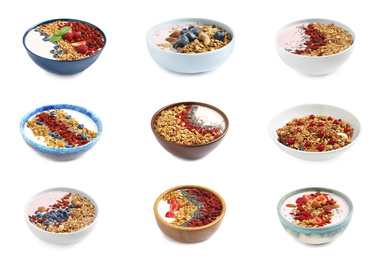 Image of Set of different granola breakfasts with berries on white background