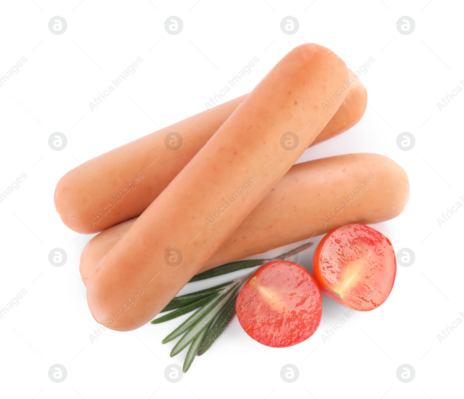 Photo of Tasty sausages on white background. Meat product