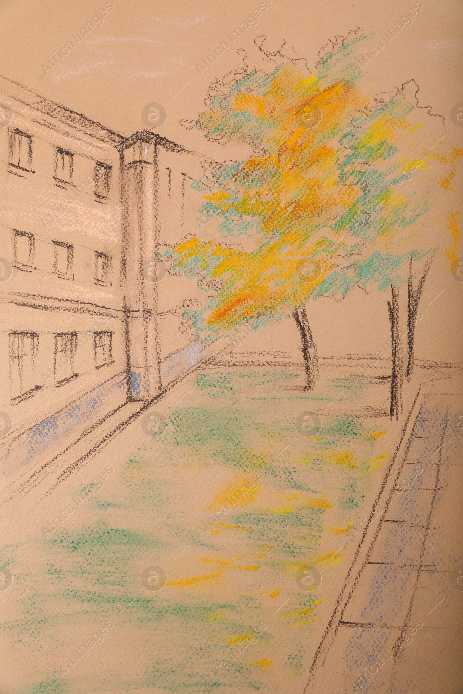 Photo of Pastel drawing of building and trees on beige paper