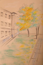 Photo of Pastel drawing of building and trees on beige paper