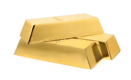 Precious shiny gold bars on white background