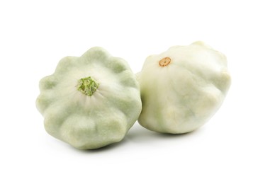 Photo of Fresh ripe pattypan squashes on white background