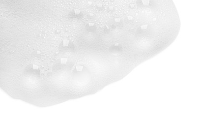 Photo of Foam with many bubbles on white background, above view