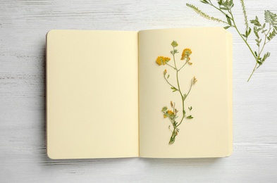 Photo of Wild dried meadow flowers in notebook on wooden background, top view