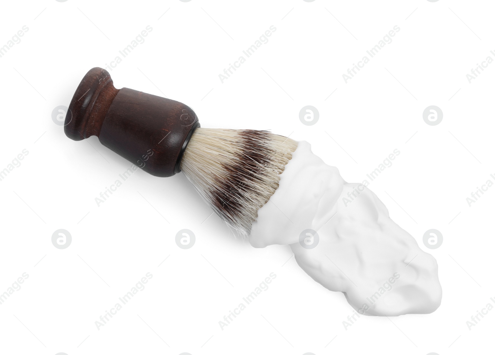 Photo of Shaving brush and foam on white background, top view