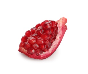 Photo of Ripe pomegranate on white background. Delicious fruit