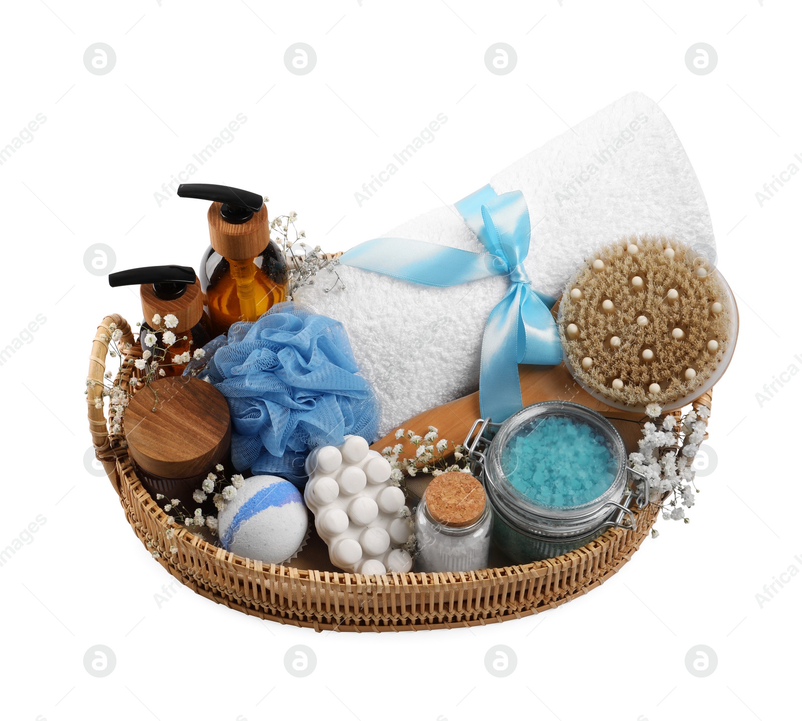 Photo of Spa gift set with different personal care products isolated on white