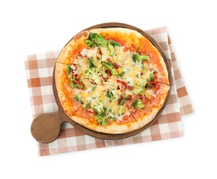 Board with delicious vegetarian pizza isolated on white, top view