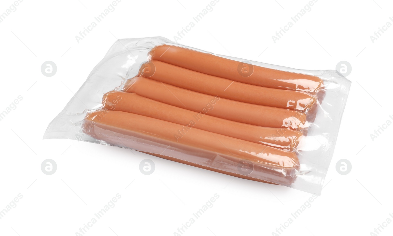 Photo of Pack of fresh raw sausages isolated on white. Ingredients for hot dogs