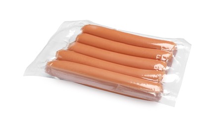 Photo of Pack of fresh raw sausages isolated on white. Ingredients for hot dogs