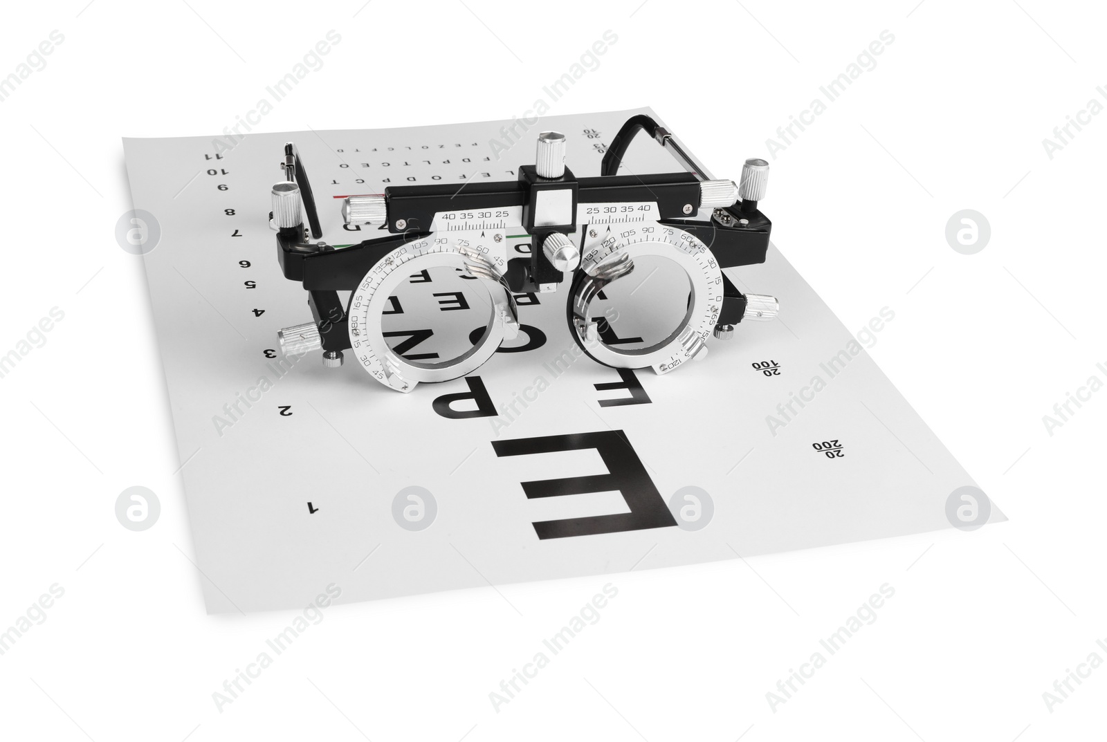 Photo of Trial frame and vision test chart isolated on white