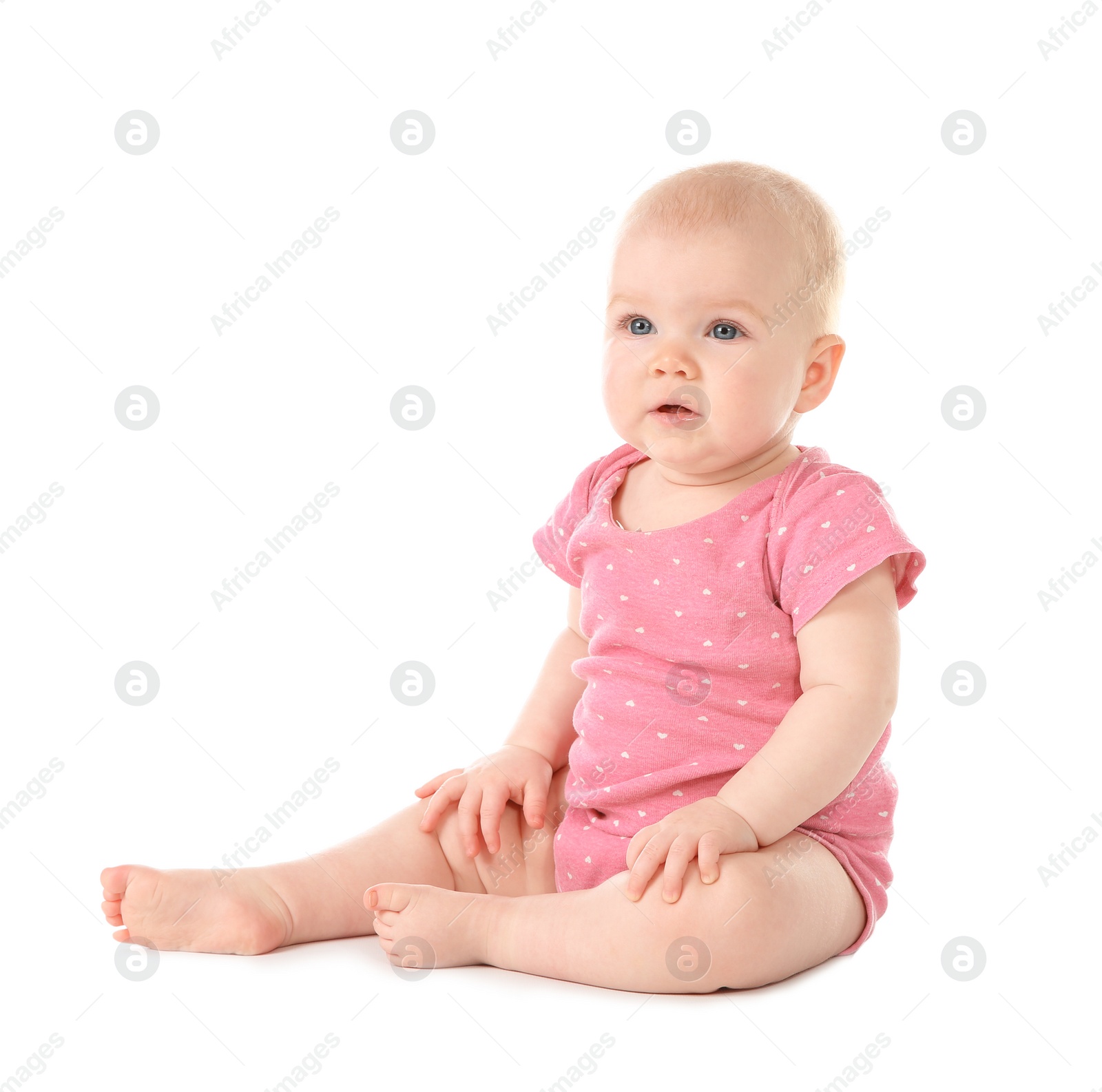 Photo of Cute little baby on white background. Crawling time