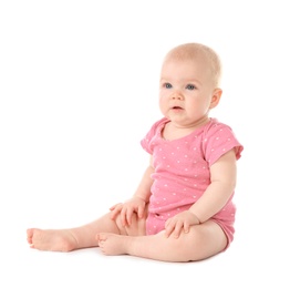 Photo of Cute little baby on white background. Crawling time