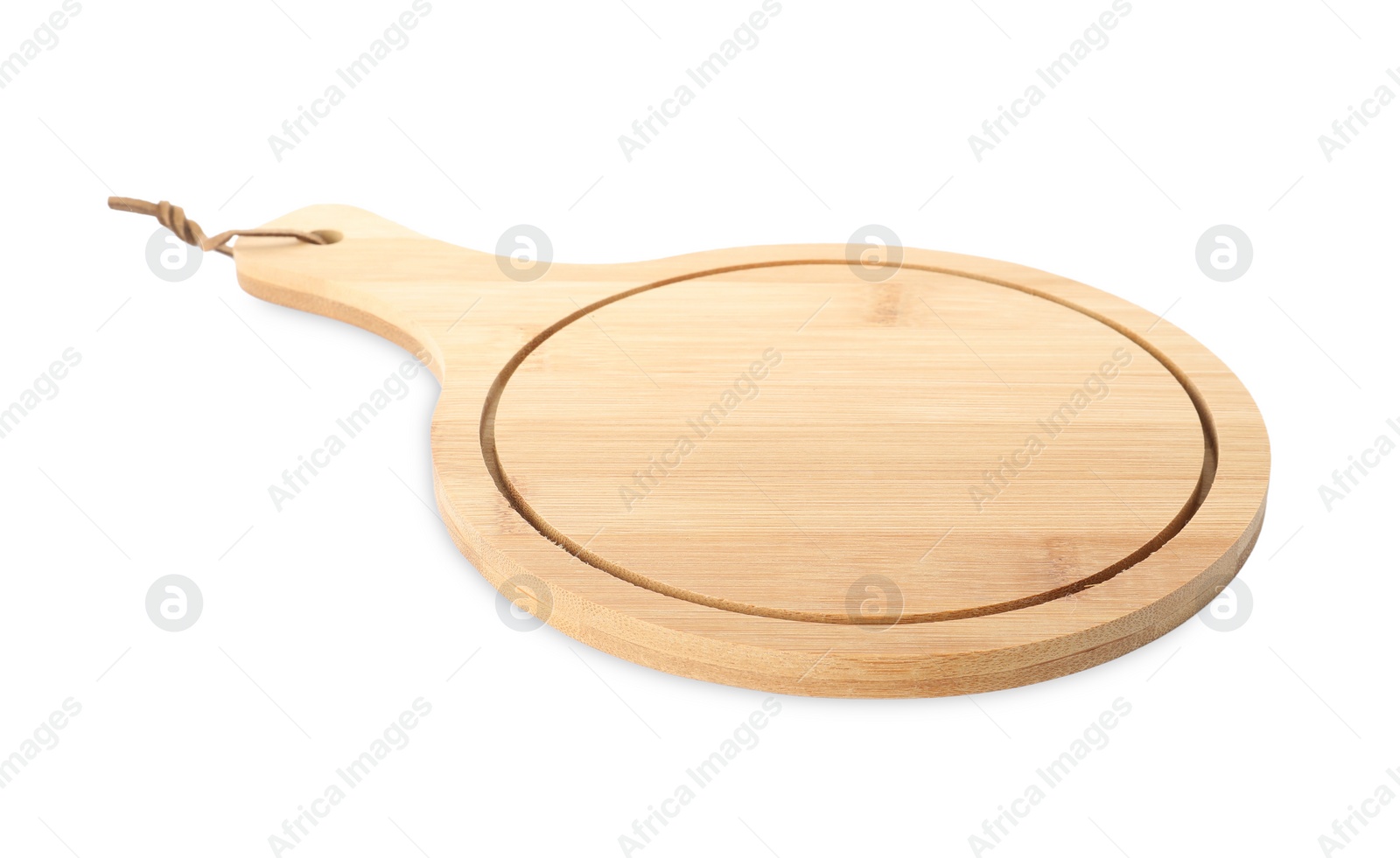 Photo of New wooden serving board isolated on white