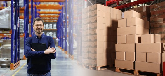 Image of Distribution. Happy manager with clipboard in warehouse, double exposure. Banner design