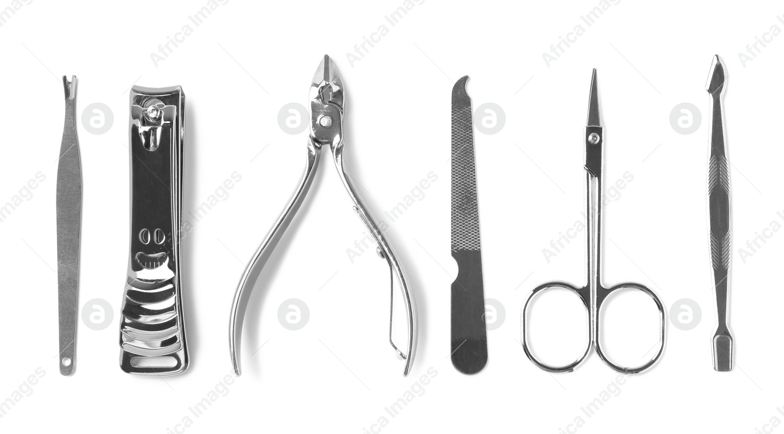 Photo of Manicure set on white background, top view