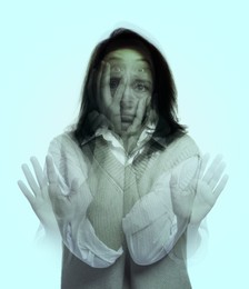Image of Paranoia. Multiple exposure with photos of emotional woman on light background