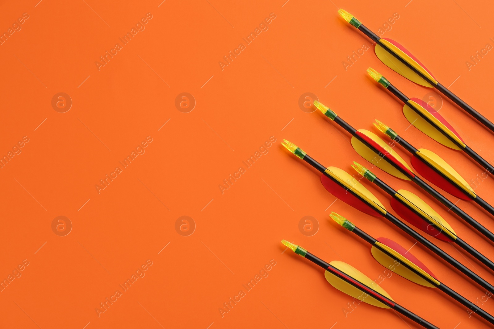 Photo of Plastic arrows on orange background, flat lay with space for text. Archery sports equipment